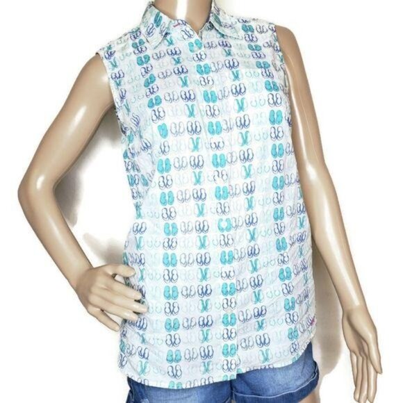 Talbots Sleeveless Button-Down Blouse can tie the front flip flop summer beach - Picture 2 of 6